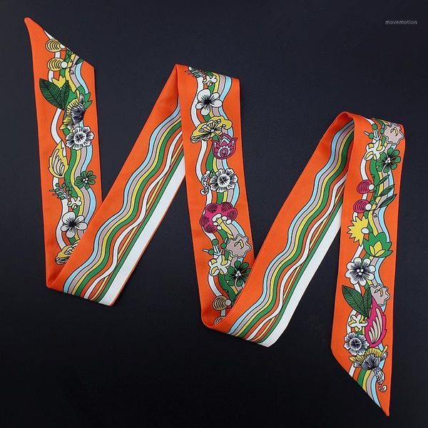 

120*5cm new french flower wave printing scarf all-match tie bag handle female ribbon scarf1, Blue;gray