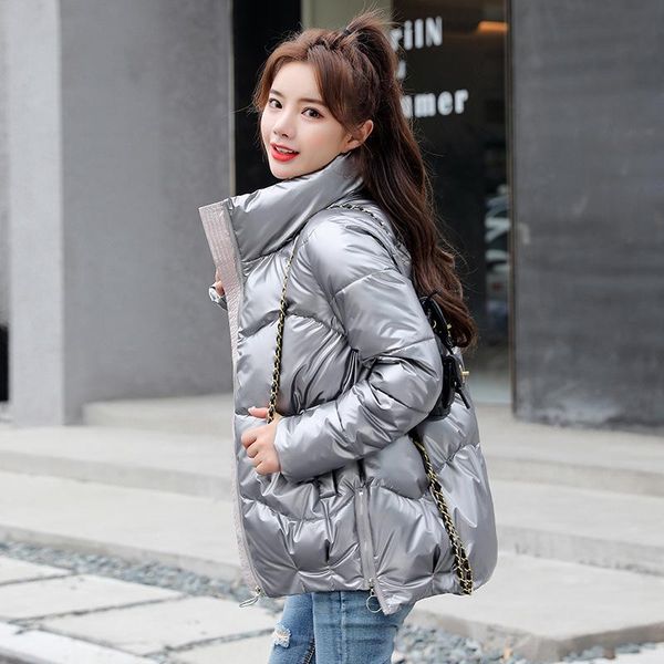

women down jacket winter irregular long coat bread shape keep warm clothes 2021 down jacket female glossy solid silver black