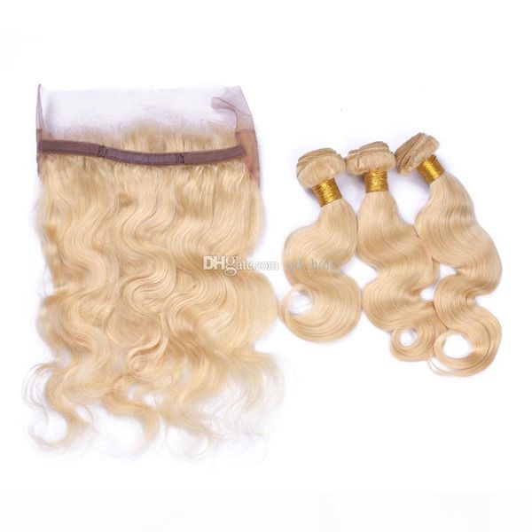 

новое прибытие blonde # 613 объемной волна пучки волос с 360 lace диапазон фронтальных русскими # 613 человеческих волос переплетений с 360, Black