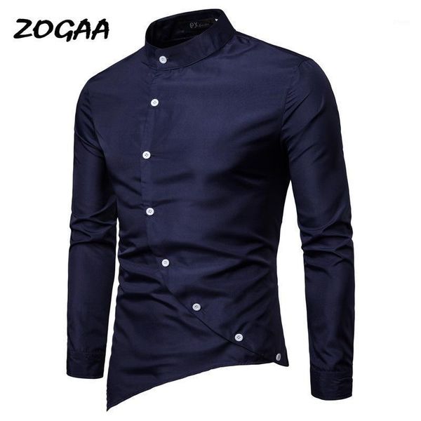 

zogaa new men's casual diagonal placket personality irregular asymmetric small stand collar long sleeve shirt white shirt1, White;black
