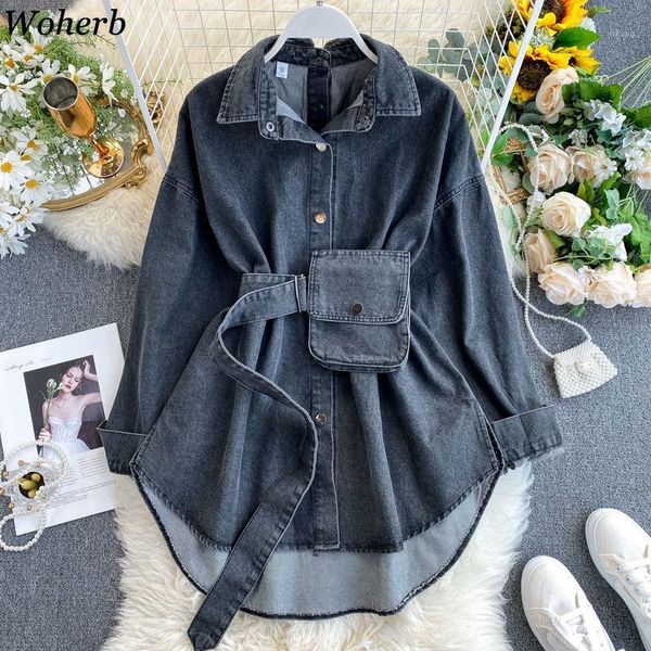 

woherb korean new turn down collar long sleeve denim blouse solid color loose shirts vintage fashion streetwear blusas 915701, White