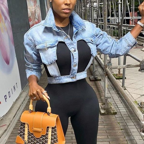 

women patchwork denim coat long sleeve denim jackets streetwear jeans coats hollow out pockets high street tos1, Black