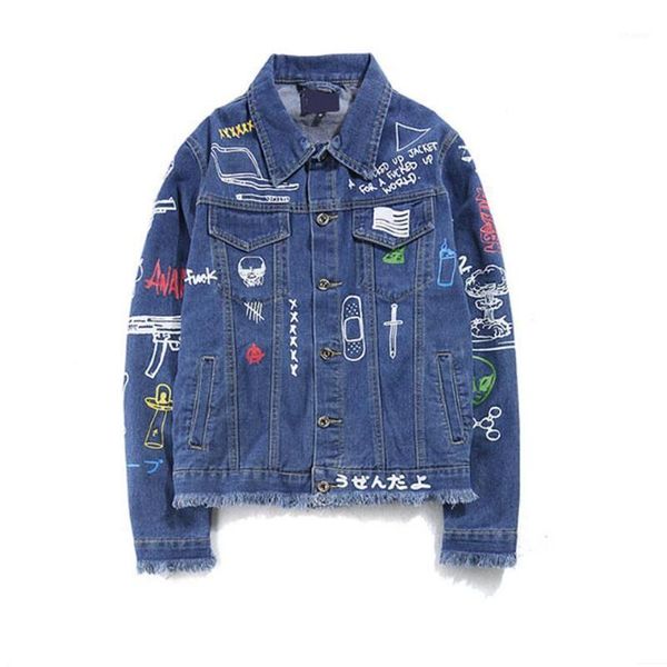 

nice men denim jacket men graffiti hip cowboy jackets fashion male jacket turn-down collar cotton outwear ripped1, Black;brown