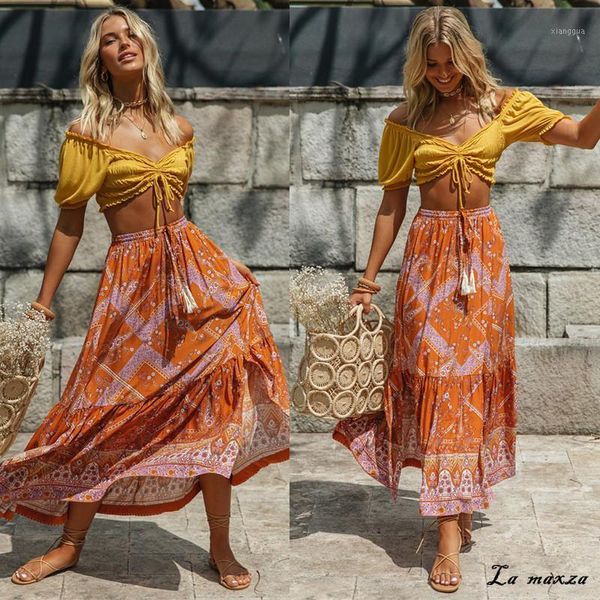 

vintage fashion print women long skirt 2020 summer ruffles loose skirt eegant casual1, Black