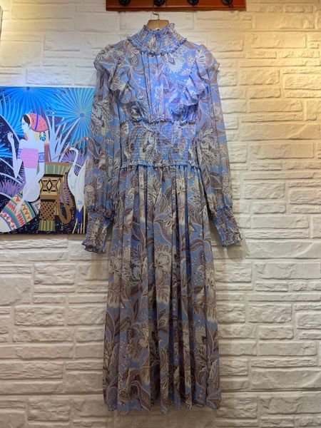 

new lilac print high neck bubble sleeve holiday dress med-long dress 201030xf051, Black;gray