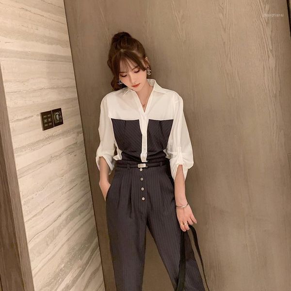 

new arrival 2020 womens fall two piece set retro striped blouse and slim pants ladies office work 2 piece set autumn winter1, Gray