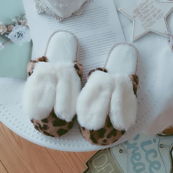 

fluffy slippers plush bunny cotton white rabbit home leopard print women slippers girls soft bottom indoor warm shoes x1020, Black