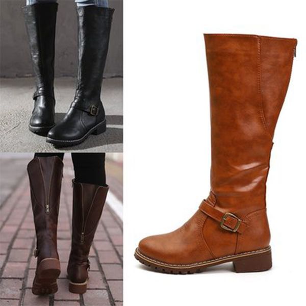 

zip leather women knee high 2020 buckles long boots low heels ladies no slip women's shoes 8exb, Black