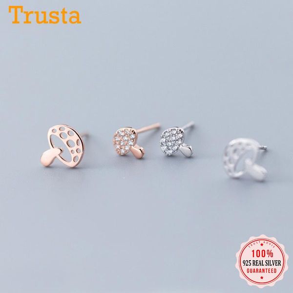 

stud trusta 100% 925 solid real sterling silver jewelry fashion asymmetric mushroom cz earring for teens daughter girl ds1058, Golden;silver