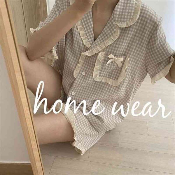 

korean pajama for women summer loungewear sleepwear sets girls sweet plaid lapel pyjama kawaii ruffle pijama japanese home suit, Black;red