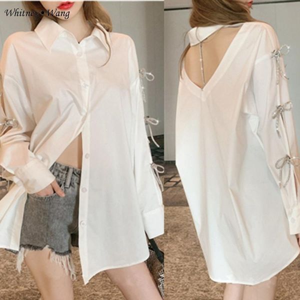 

women's blouses & shirts whitney wang 2021 autumn fashion streetwear back hollow out split sleeve diamonds bow blouse women blusas lady, White
