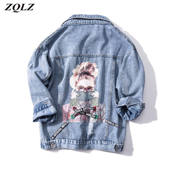

zqlz plus size denim jacket women new loose harajuku autumn jeans coat female print casual outwear frayed beading coats 201028, Black;brown