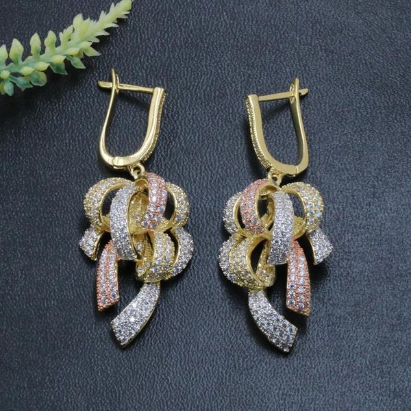 

stud lanyika fashion jewelry luxury abstract geometric plants earrings micro pave zircon engagement party gift, Golden;silver