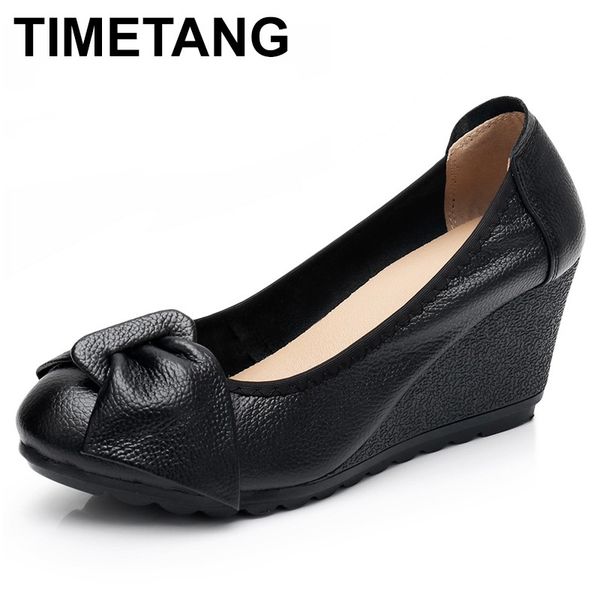 

timetang autumn genuine women's leather high heels female shoes mary jane pumps slip on casual woman wedges shallow platformshoe t20052, Black