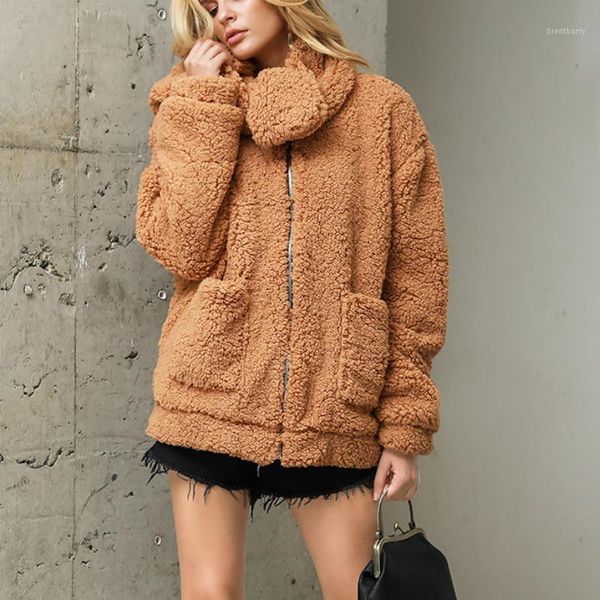 

women tied collar casual fashion warm faux fur sherpa coat jacket1, Black