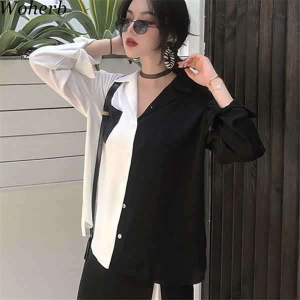 

woherb korean summer harajuku women contrast blouses black white patchwork shirt elegant lady chic blusas lj200811