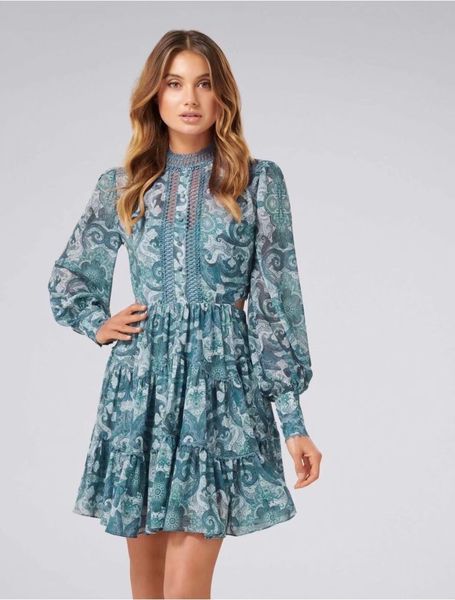 

long sleeve new conventional a type lantern sleeve stand collar lace printing high waist a word female skirt layer on small audience origina, Black;pink