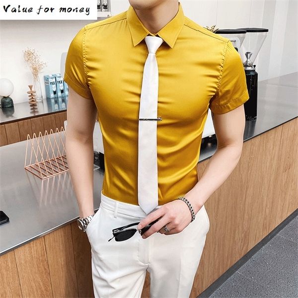 

camicia summer uomo 2020 enlarged men's silk golden yellow bright slim short sleeve man shirts camisetas masculina c1210, White;black