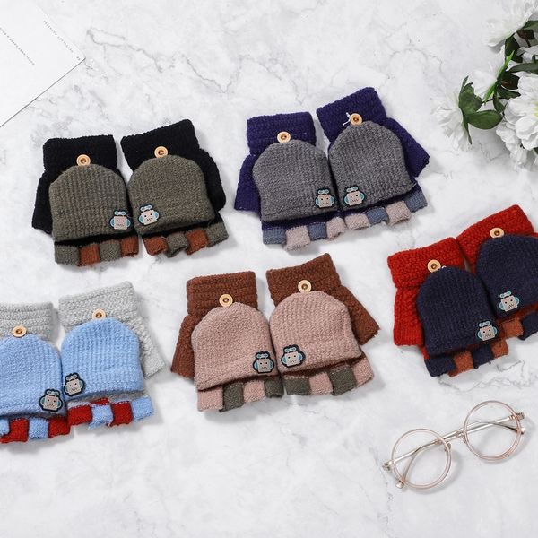 

knitted kids warm gloves 5-12 years stretch mittens boy girl patchwork elastic fingerless children winter