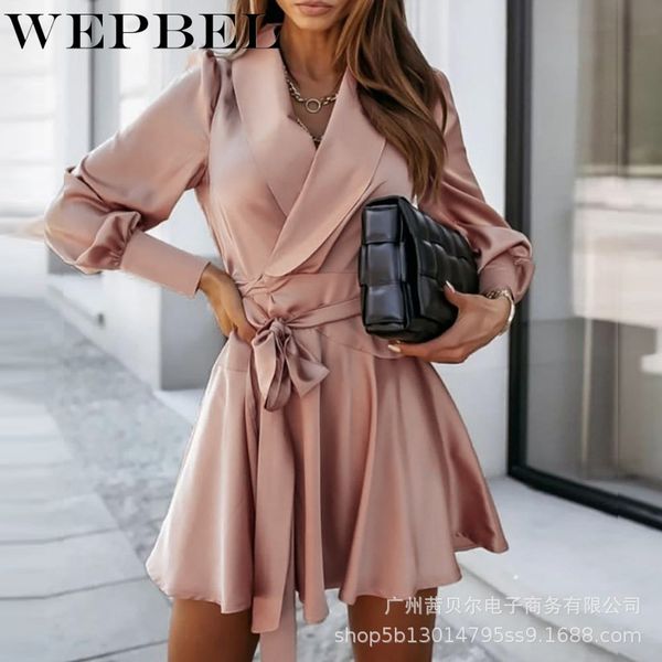 

women autumn elegant mini dress casual ladies long sleeve notched collar bandage lace up dress office lady dress q1210, Black;gray