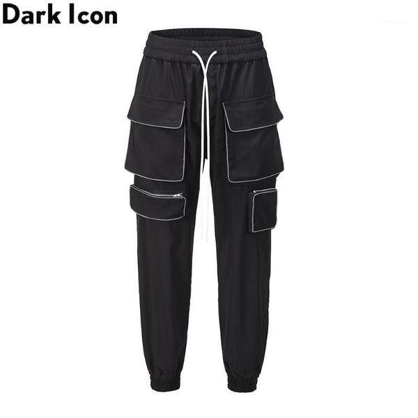 

dark multi pockets jogging pants men elastic drawstring men's pants street fashion trousers1, Black