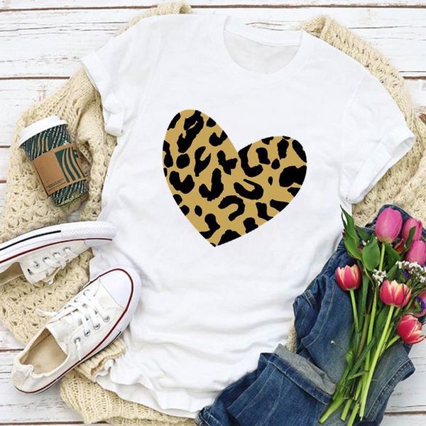 

women graphic leopard love heart printed fashion summer shirt t-shirt womens clothing lady clothes tee female t shirt, White