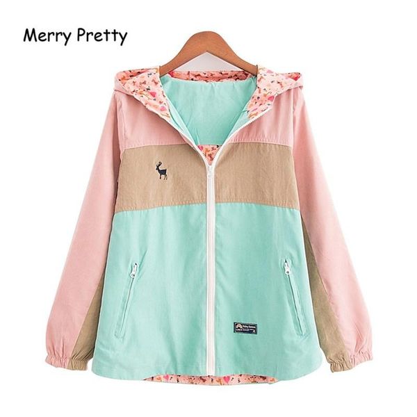 

merry pretty autumn new women jackets loose pocket zipper cartoon print hooded coat two side wear casual jacket female outerwear, Black;brown