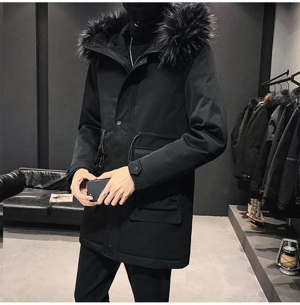 

winter jacket men's hooded coat with long fur collar warm black jacket