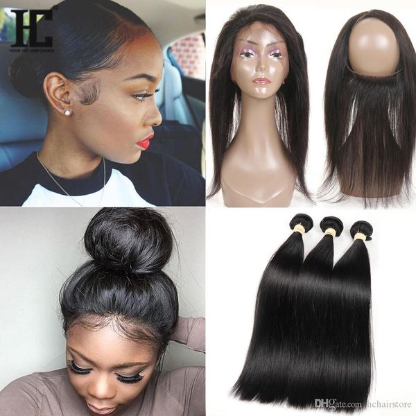 

8a grade brazilian virgin hair bundles straight hair 360 lace frontal with 3 bundles 100% unprocessed virgin human hair extensions, Black
