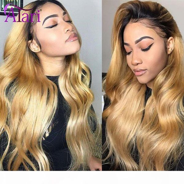 

honey color ombre human hair wigs t1b 27 wigs for black women transparent body wave lace front brazilian virgin hair, Black;brown
