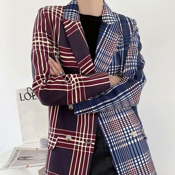 

women's suits & blazers spring and autumn jacket casual plaid stitching double-breasted pocket decorative, White;black