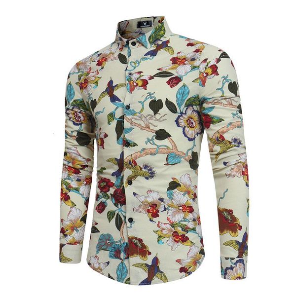 

2021 new spring autumn clothing long sleeved flowers bird printed slim men's shirts fashion male casual business social shirt 30lg, White;black
