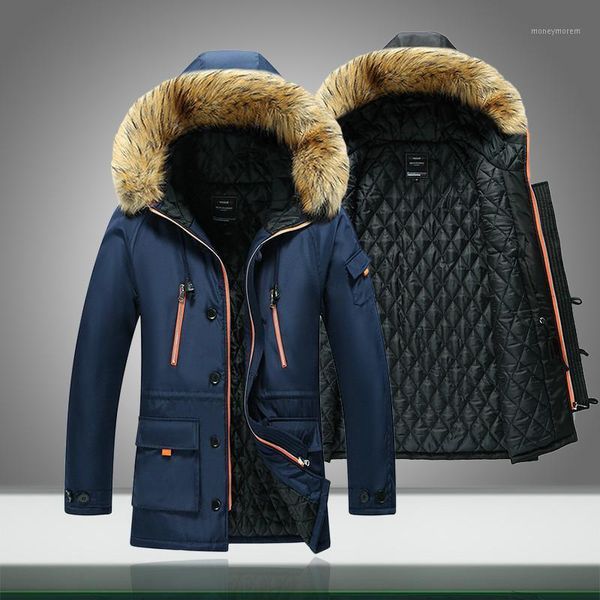 

men's down & parkas 2021 mens warm thick thermal outdoor overcoat zipper multi-pocket men winter jacket fur collar casual hooded parka, Black
