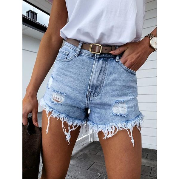 

women's shorts summer style women tassel high waist denim frayed ripped short pants streetwear casual button pocket jeans, White;black