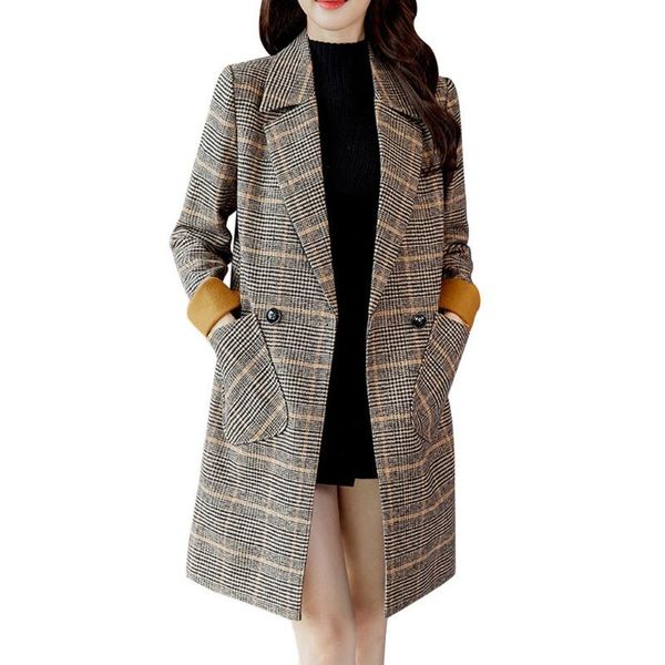 

women outwear warm coat long collar slim jacket check pattern woolen coat long sleeve winter solid color coats plus size 2020, Black