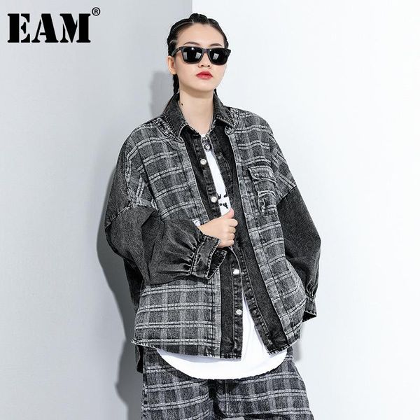 

eam] loose fit black plaid denim big size jacket new lapel long sleeve women coat fashion tide spring autumn 2020 1da091, Black;brown
