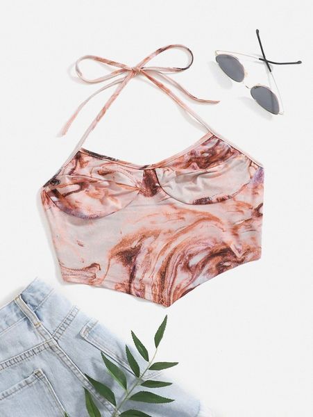 

tied backless marble print halter p8vn#, White