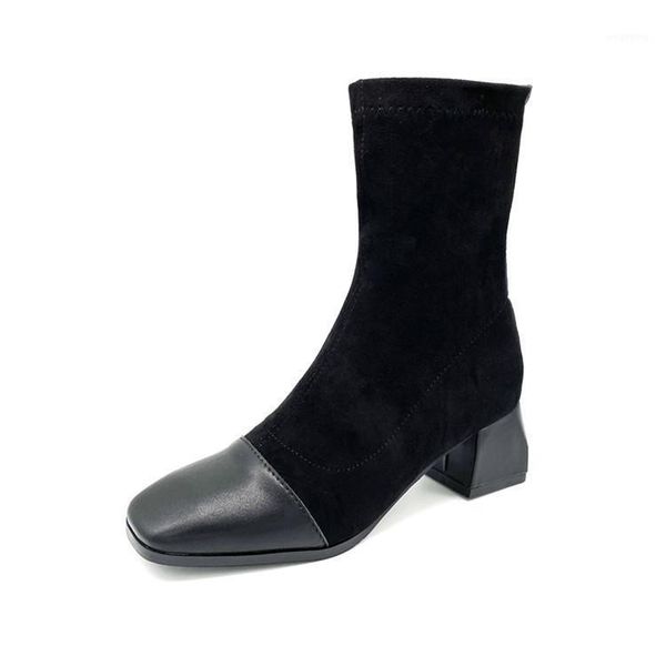 

women's shoes chunky boot women 2020 new medium heel lean elastic boot spring single fashion1, Black