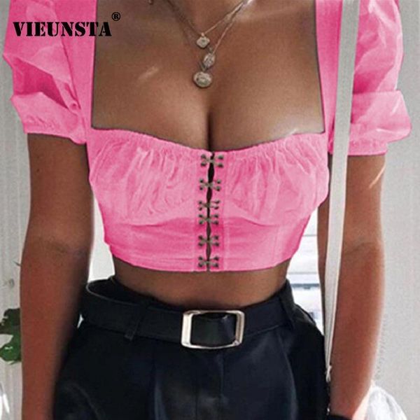 

women's blouses & shirts 2021 summer puff short sleeve women blouse spring square collar solid slim hollow out hook crop pullover, White