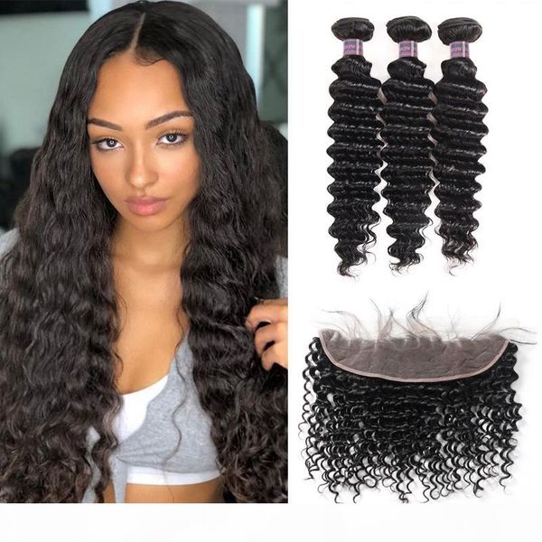 

indian human hair bundles with closure wholesale 8a brazilian hair 3bundles with 13*4 lace frontal closure deep wave virgin hair extensions, Black