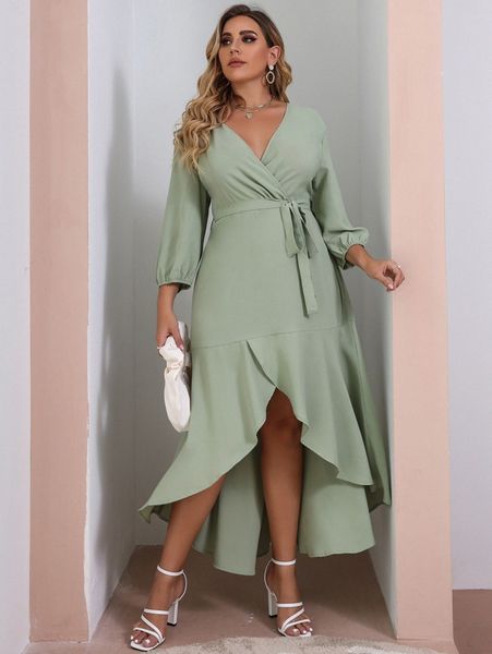 

plus surplice front high low hem belted dress l5d2#, Black