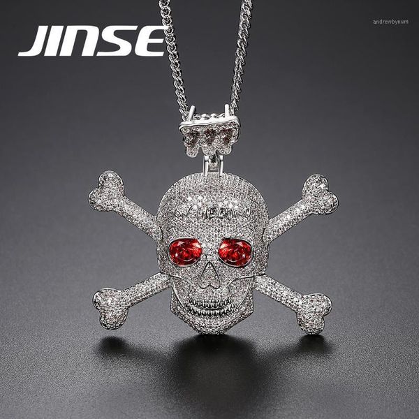 JINSE Voller Strass Punk Rot CZ Stein Skeleton Schädel Anhänger Halsketten für Männer Gold Farbe Hip Hop Schmuck Geschenk Seil kette1