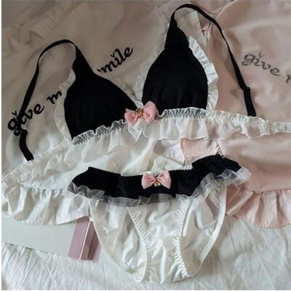 

japanese soft cute girl heart lolita rabbit ear underwear no steel ring triangle cup bra set ruffled b c1211, Black;white