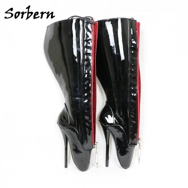 

sorbern knee high boots for women ballet heels pink shiny lace up dominatrix crossdressed heels 18cm stilettos keys shoes unisex, Black