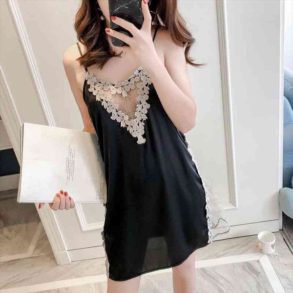 

Spring Lady Sexy Deep V Ling Nightdress With Charming Silk Forged Face, Black;red