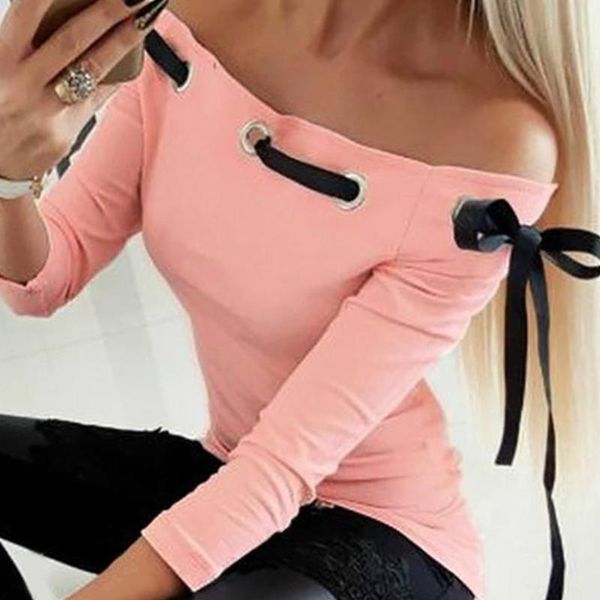 

autumn women off shoulder t shirts long sleeve solid casual t-shirts for women clothing fashion slim t-shirts d30, White