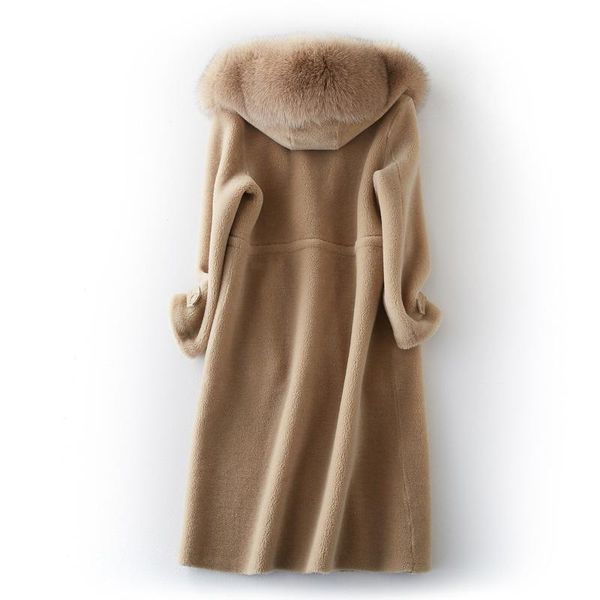 

women's fur & faux 2021 genuine real wool sheep shearing jacket women winter coat natual hooded long outerwear coats, Black