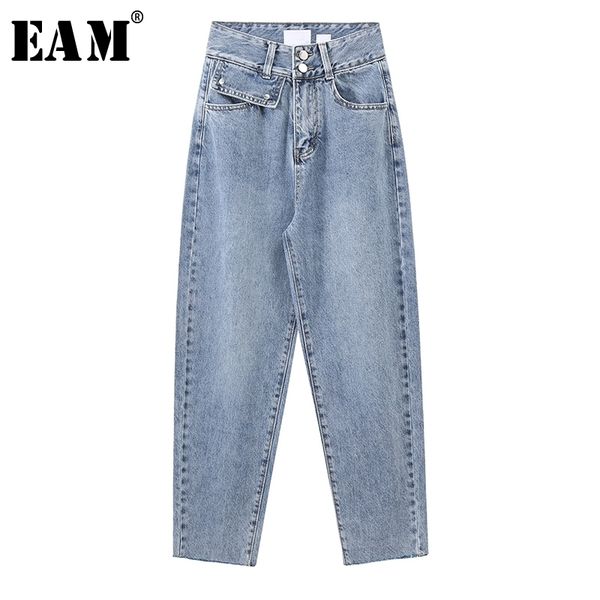

[eam] wide leg light blue button split long jeans new high waist loose women trousers fashion tide spring autumn 1x236 201029