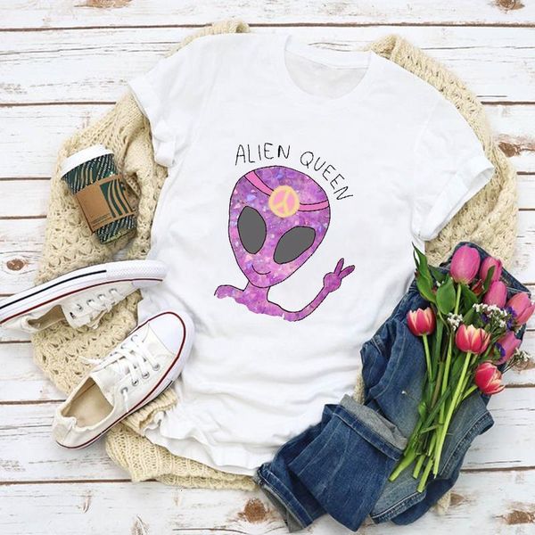 

women graphic cartoon peace space lady print summer t-shirt shirt lady clothes womens clothing tee female t shirt, White