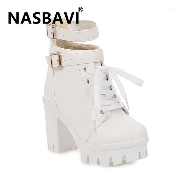 

boots women ankle winter pu leather high heels ladies fashion round toe gladiator metal button for woman plus size 431, Black